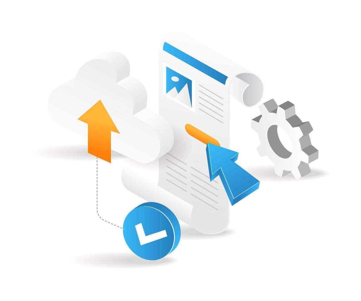 Flat isometric 3d illustration click ok data transfer to server cloud vector