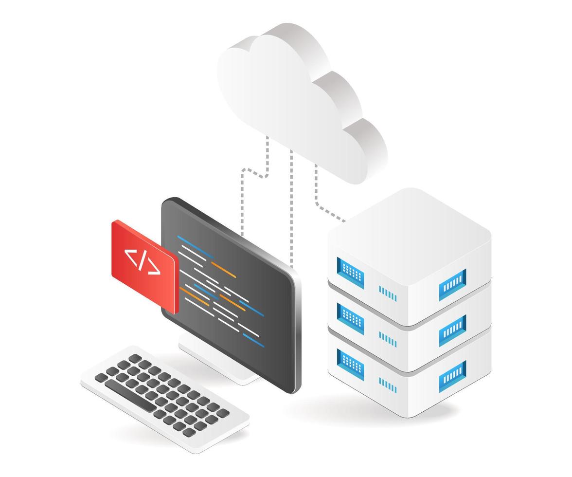 lenguaje de programación de ilustración 3d isométrica plana para servidor vector