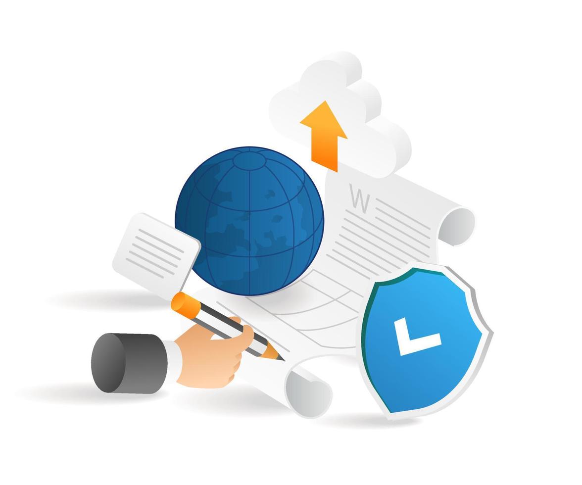 Flat isometric 3d illustration of secure cloud transaction between worlds vector