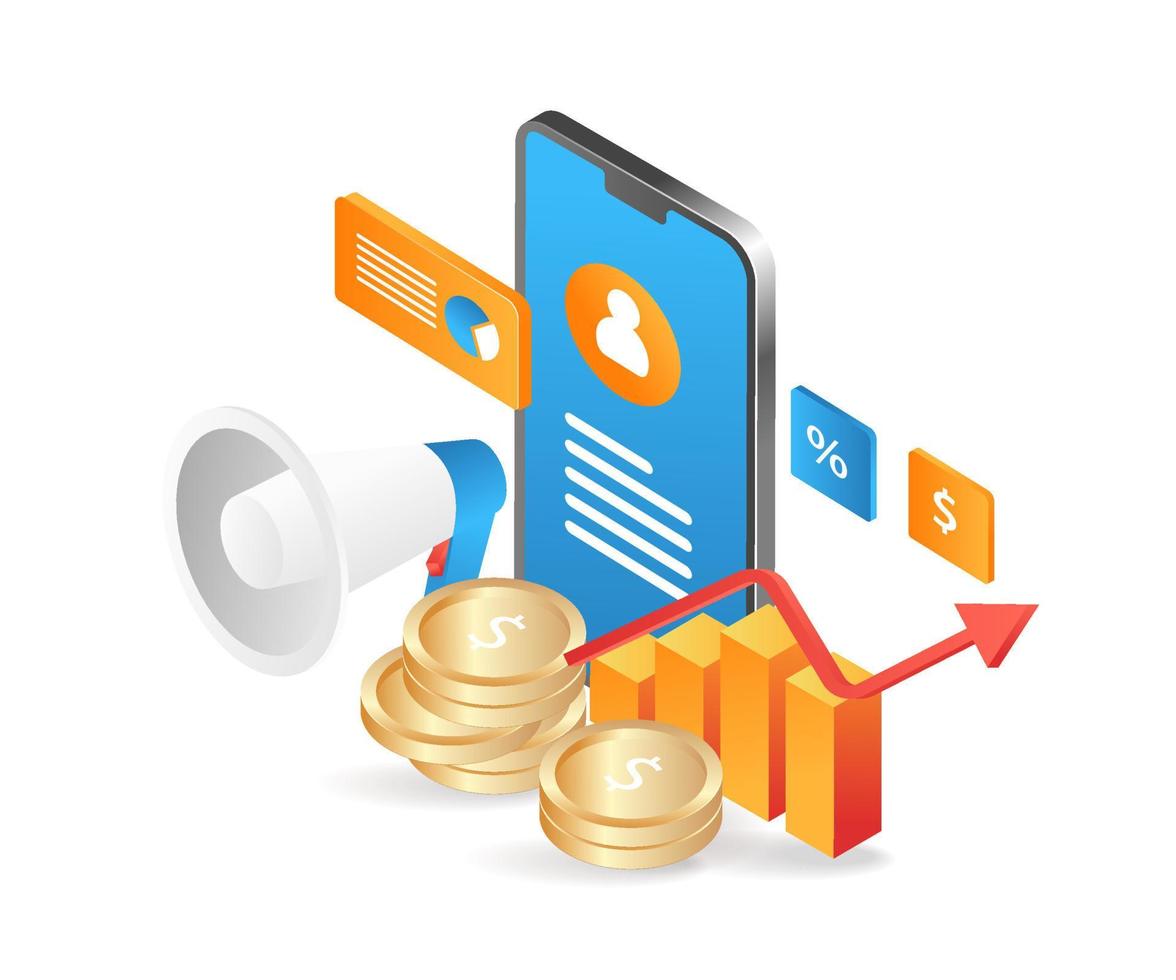 Flat isometric 3d illustration online business campaign with cell phone vector