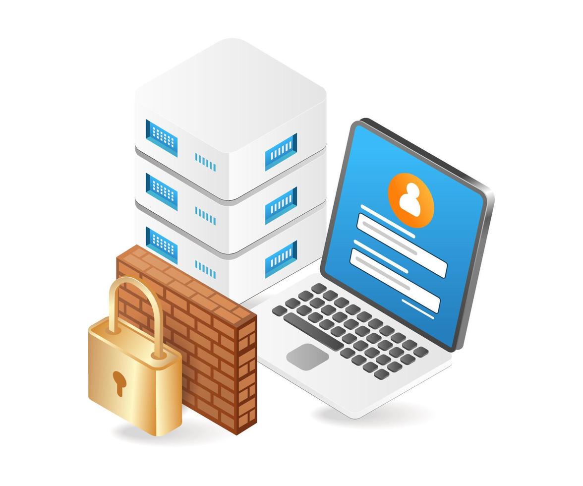 Flat isometric 3d illustration of computer data server security wall vector