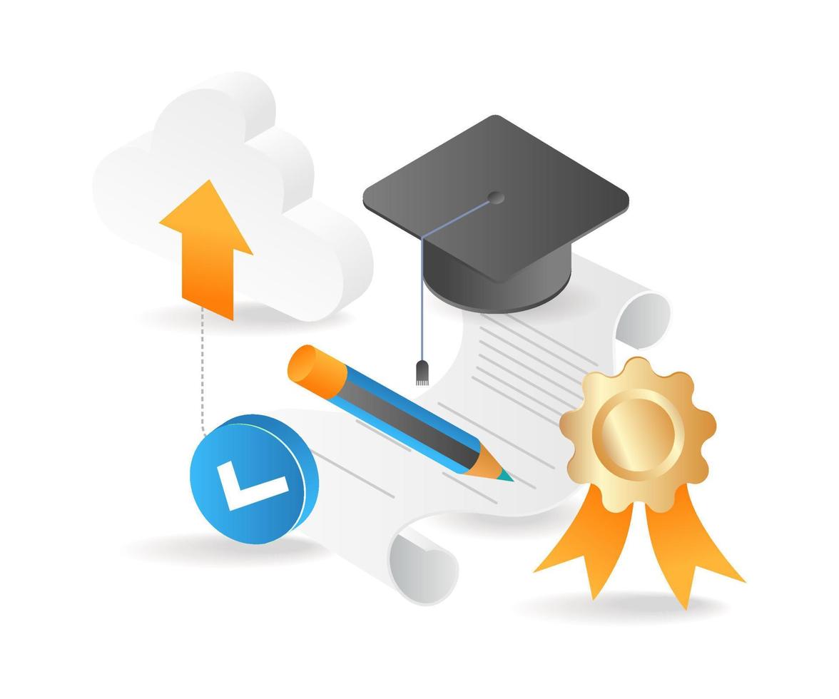 Flat isometric 3d illustration of online education with data on cloud server vector