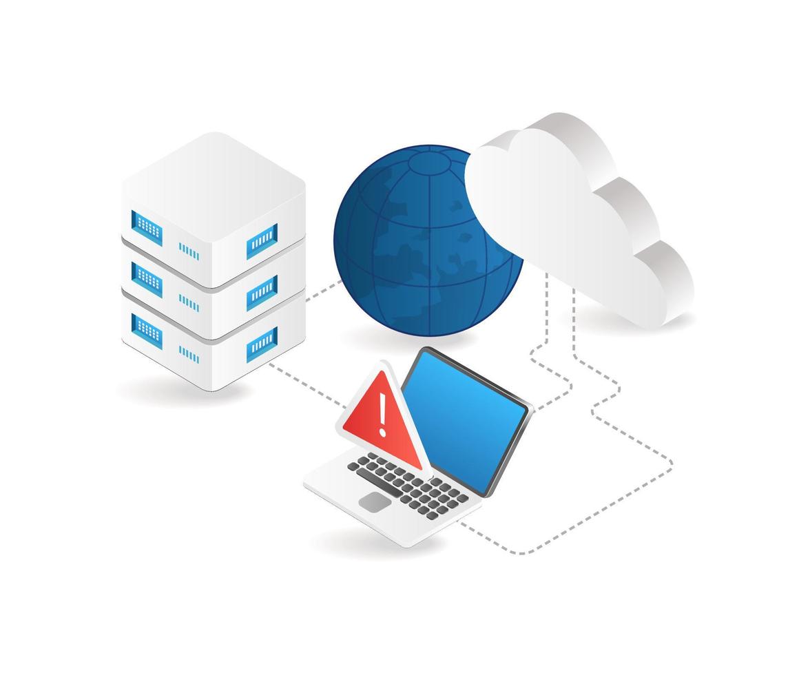 Flat isometric 3d illustration of world cloud server problem control vector