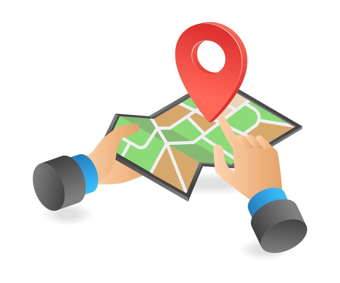 Isometric flat 3d illustration concept of hand holding and pointing location map app vector