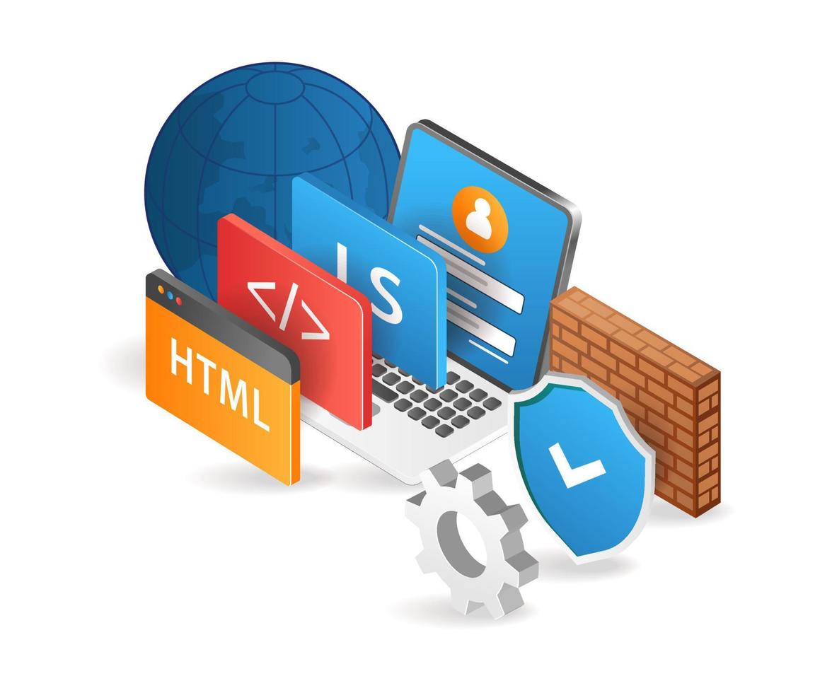 Flat isometric 3d illustration of secure programming language for web application developer vector