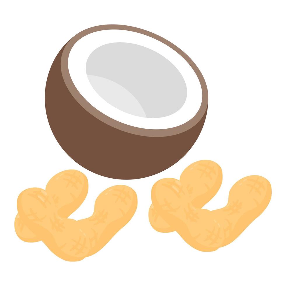 Nut icon isometric vector. Fresh half coconut and unpeeled peanut vector