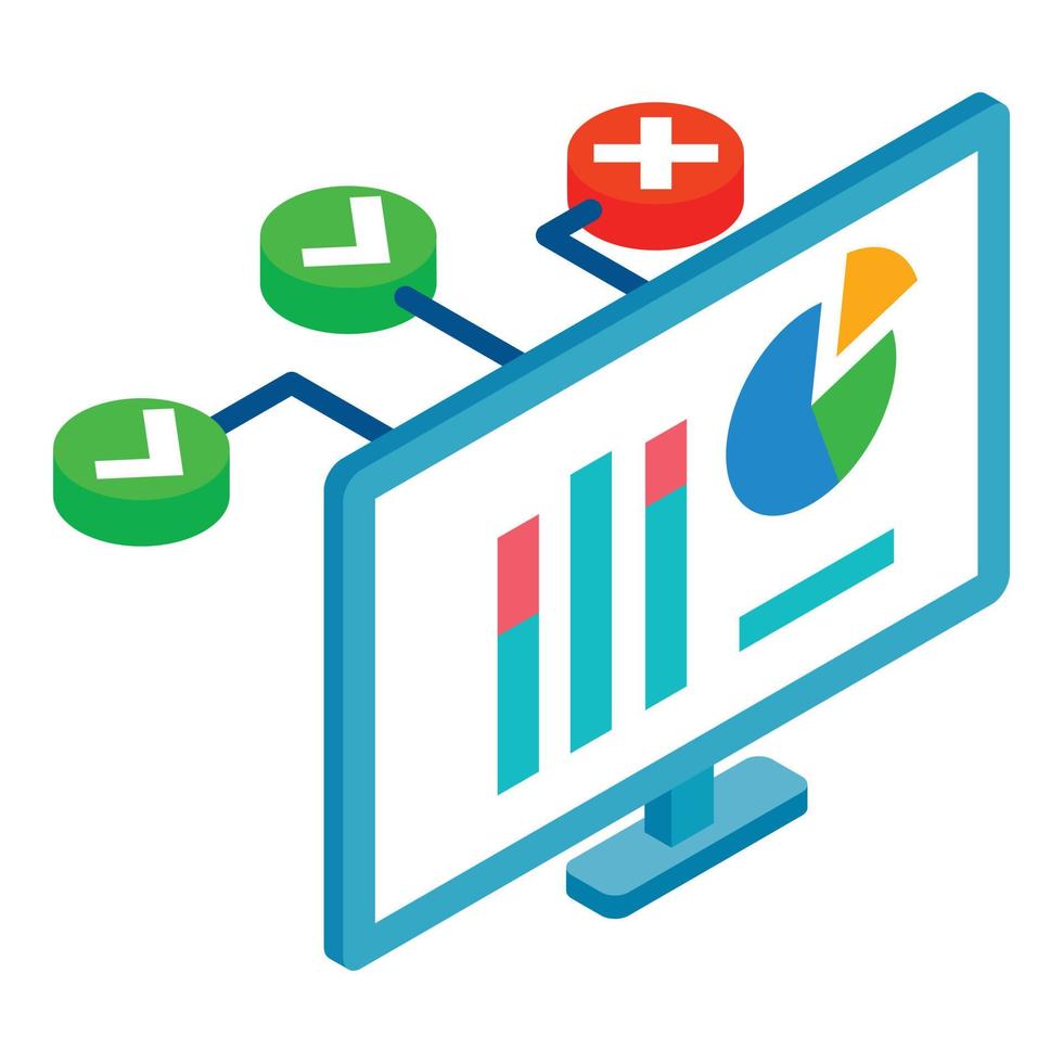 Web analytics icon isometric vector. Computer monitor with graph and pie chart vector