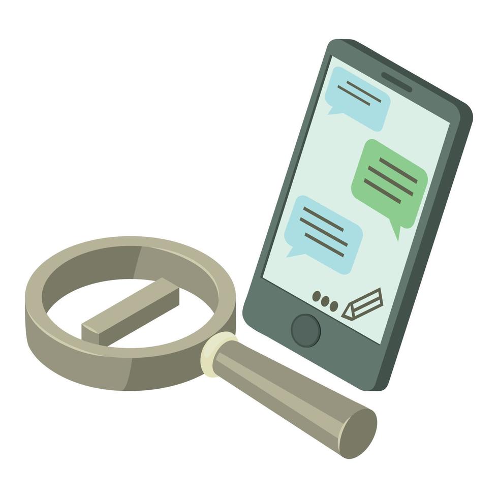 Messaging app icon isometric vector. Smartphone with text message and magnifier vector