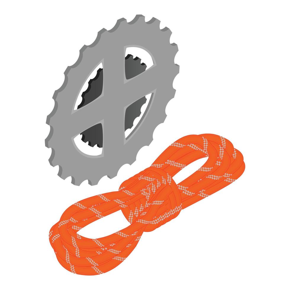 Spare part icon isometric vector. Bike wheel star and red rope vector