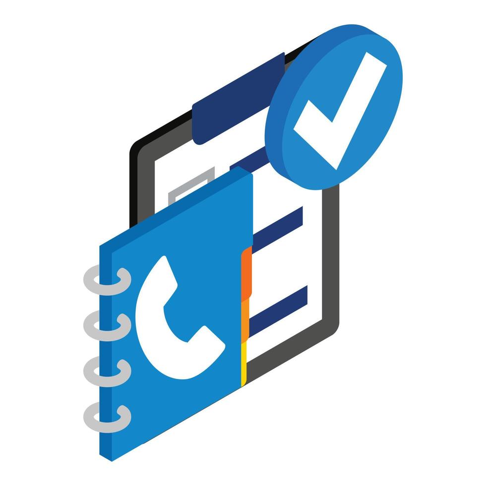 Help desk icon isometric vector. Telephone directory and clipboard check mark vector