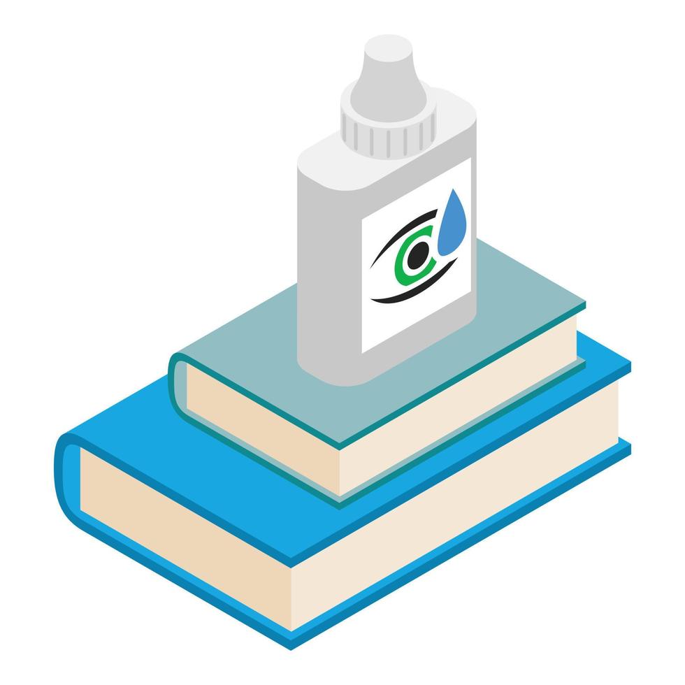 Eye care icon isometric vector. Bottle with eye drop and two blue book icon vector