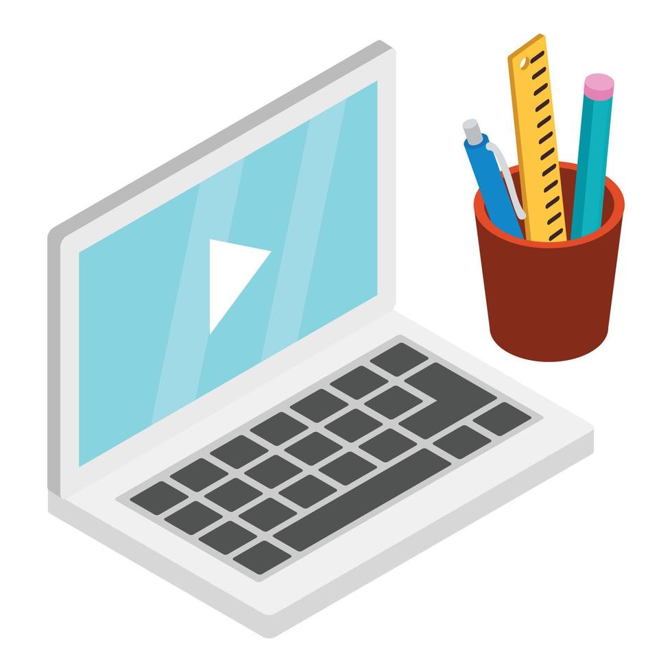 Distance learning icon isometric vector. Laptop and holder with ruler pen pencil vector