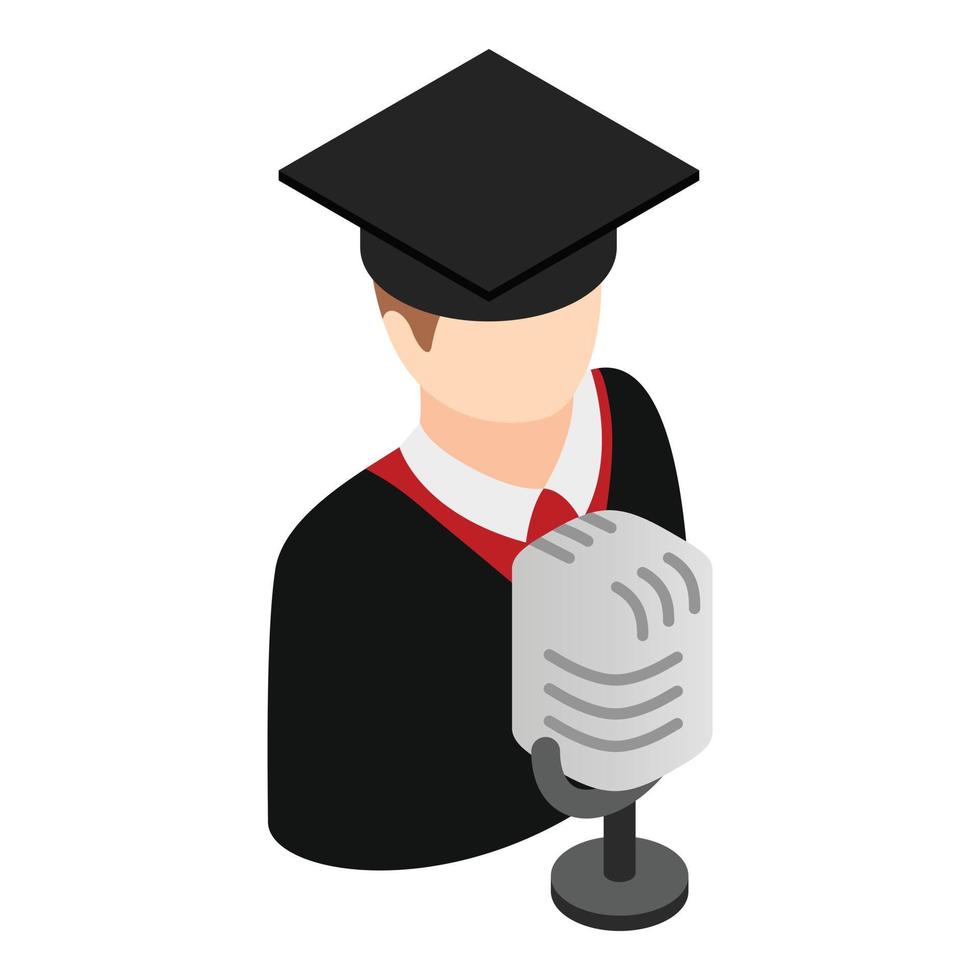 Graduate speech icon isometric vector. Graduate stand near microphone icon vector