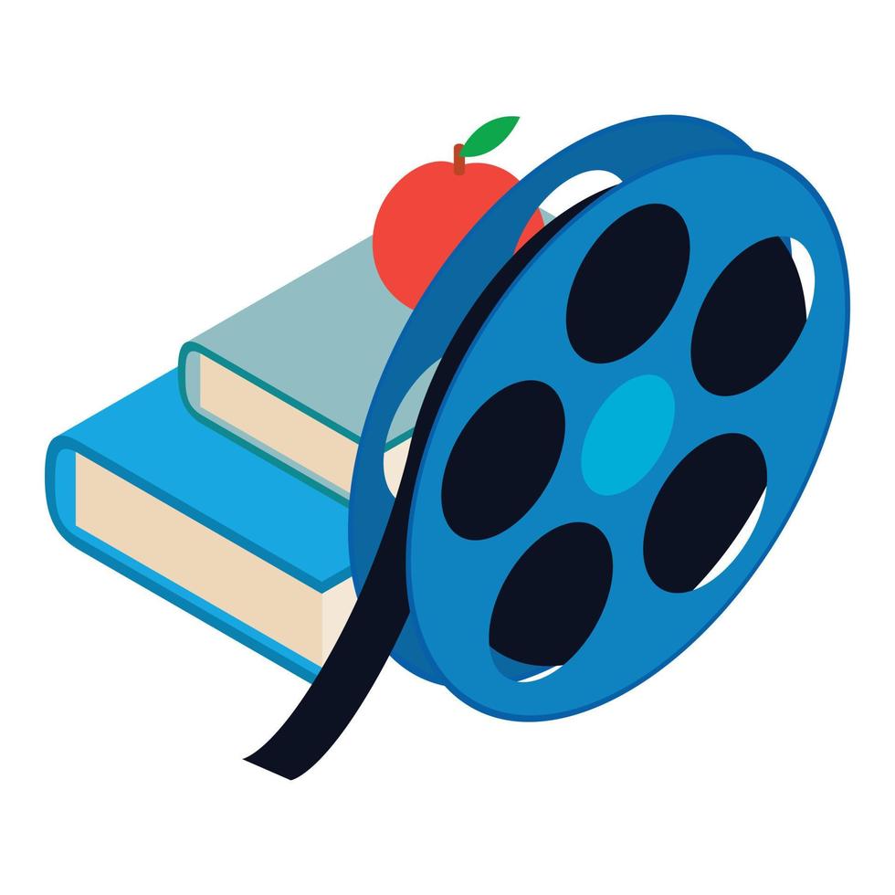 Cinematography concept icon isometric vector. Film spool two book and red apple vector