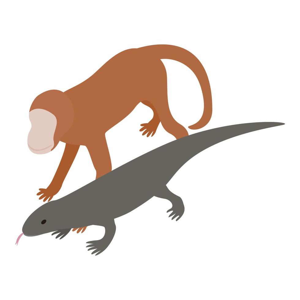 Exotic animal icon isometric vector. Brown little monkey and gray monitor lizard vector
