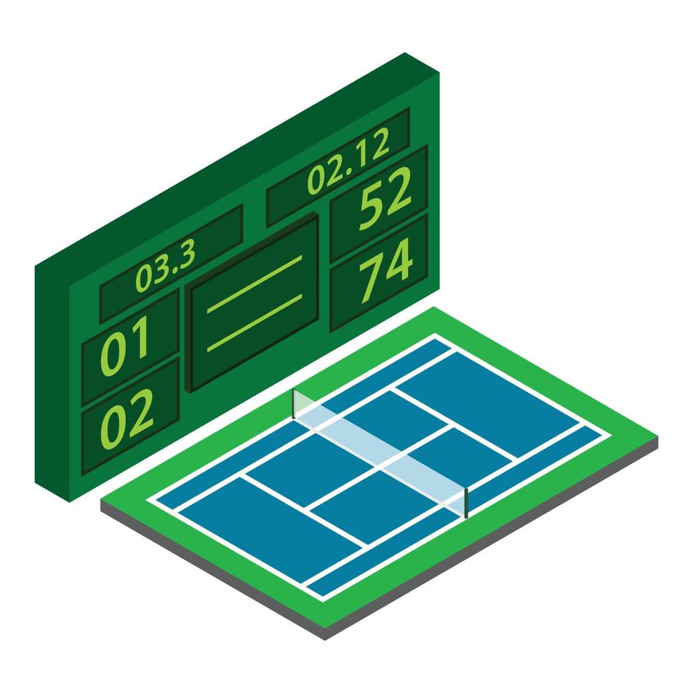 vector isométrico del icono del torneo de tenis. tablero de puntuación digital de cancha de tenis azul