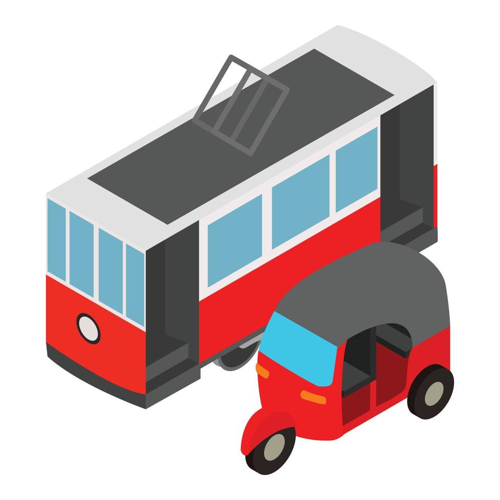 icono de transporte público vector isométrico. retro tranvía y scooter triciclo mototaxi