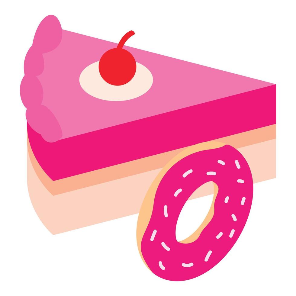 Colorful confectionery icon isometric vector. Sweet pink donut and piece of cake vector