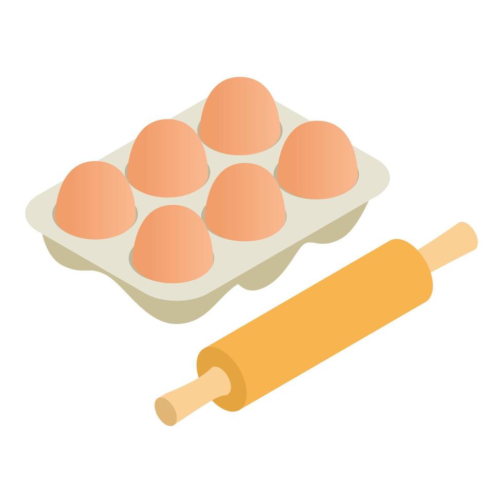 Baking icon isometric vector. Wooden rolling pin and chicken egg packing vector