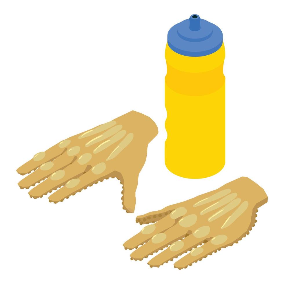 Sport accessory icon isometric vector. Full finger cycling gloves yellow bottle vector