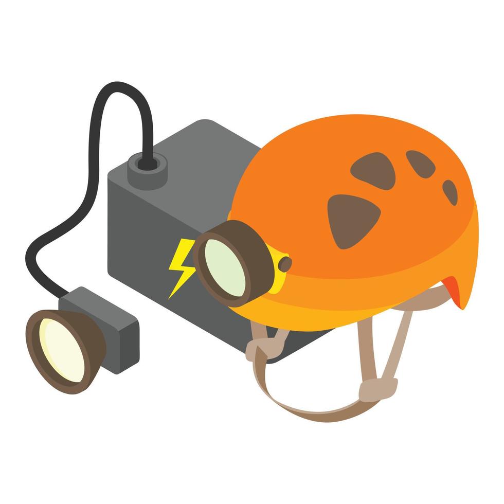 vector isométrico del icono del equipo de espeleología. casco de espeleología y luz extra