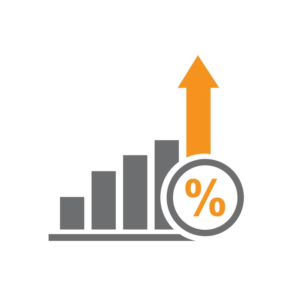 Rise trend bar chart with percent sign and yellow up arrow, inflation or tax vector icon illustration