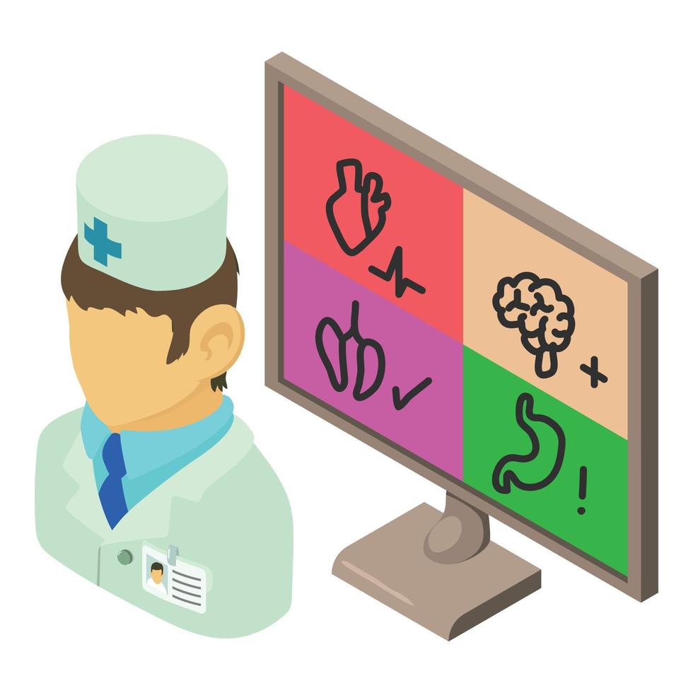 Medical examination icon isometric vector. Doctor near monitor vector