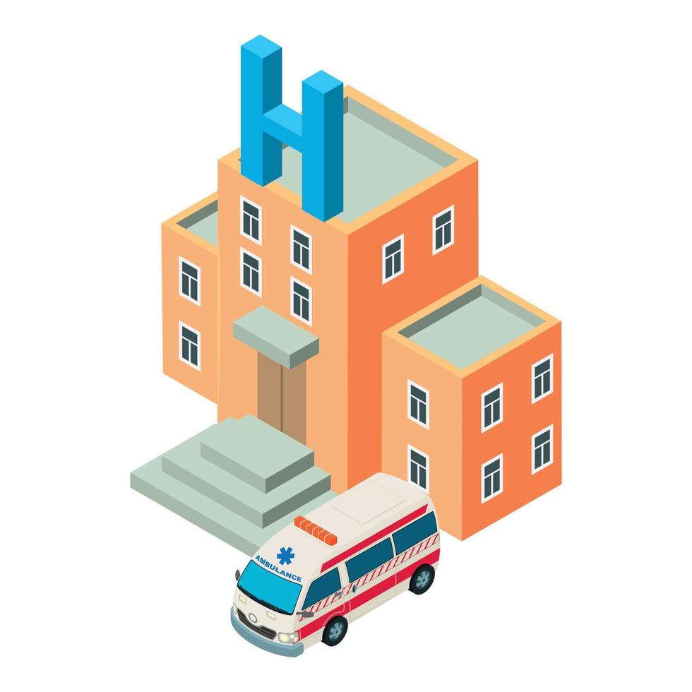 ambulancia cerca del vector isométrico del icono del hospital. coche de ambulancia de la clínica de construcción