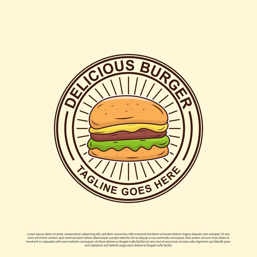 vector de diseño de logotipo de hamburguesa deliciosa, placa de logotipo de comida rápida