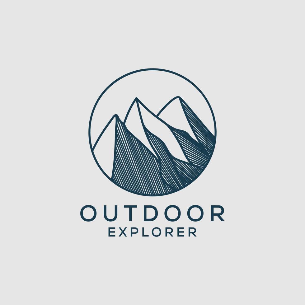 esbozar el diseño del logotipo del explorador al aire libre, ilustraciones gráficas de vectores de montaña con estilo de arte de línea