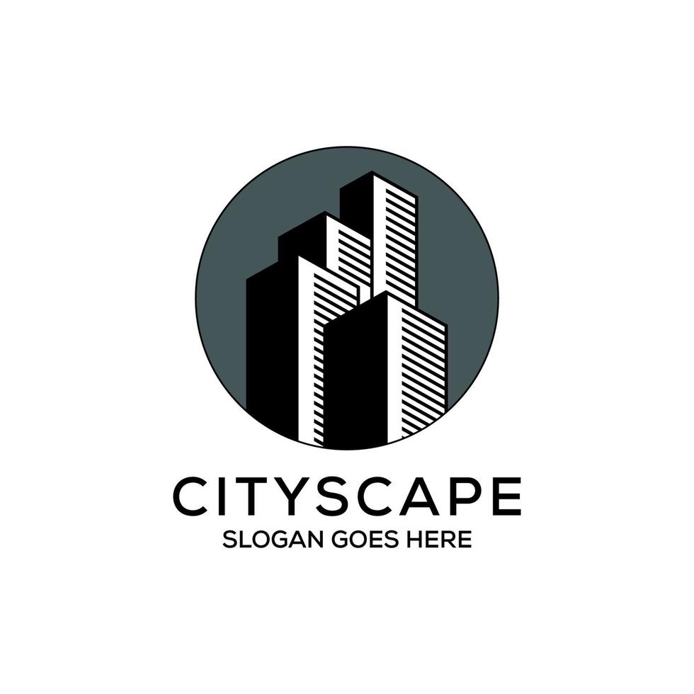El diseño del logotipo del paisaje urbano del apartamento, la construcción de la ciudad con el vector circular, se puede utilizar como símbolos, identidad de marca, logotipo de la empresa, iconos u otros.