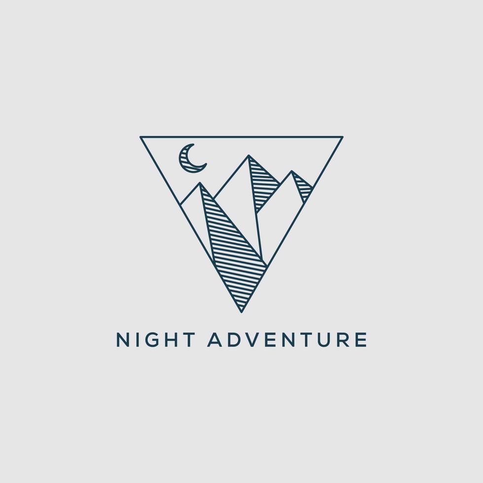 line art night adventure logo design, Vector graphic for outdoor mountain sign symbol.