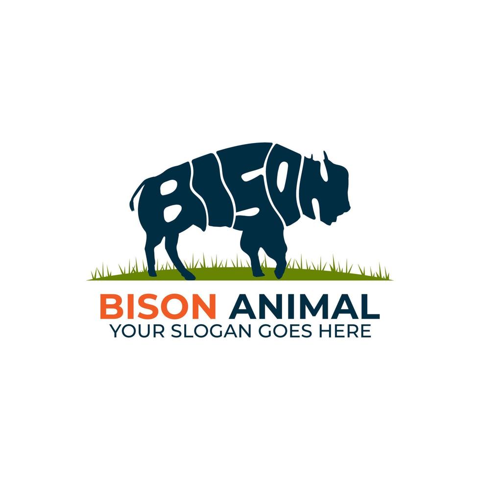 vector de diseño de logotipo de animal de vida silvestre de bisonte, icono con texto deformado en la forma de una ilustración de animal de bisonte