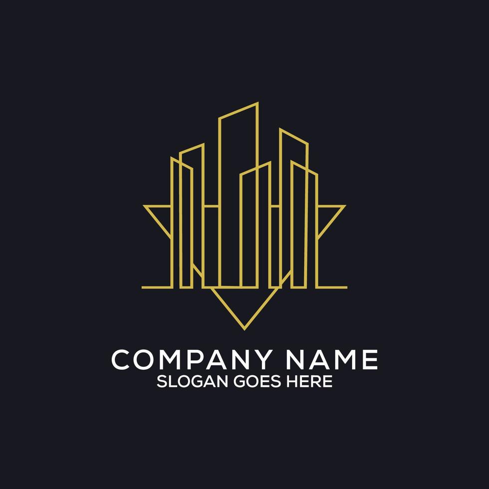 Line art construction logo design, outline building construction with golden monogram, can be used as symbols, brand identity, company logo, icons, or others. vector