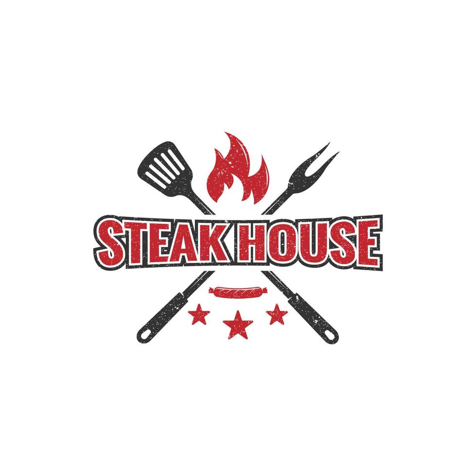 Steak house rustic logo emblem, Vintage Retro Countryside BBQ Grill vector illustration symbol