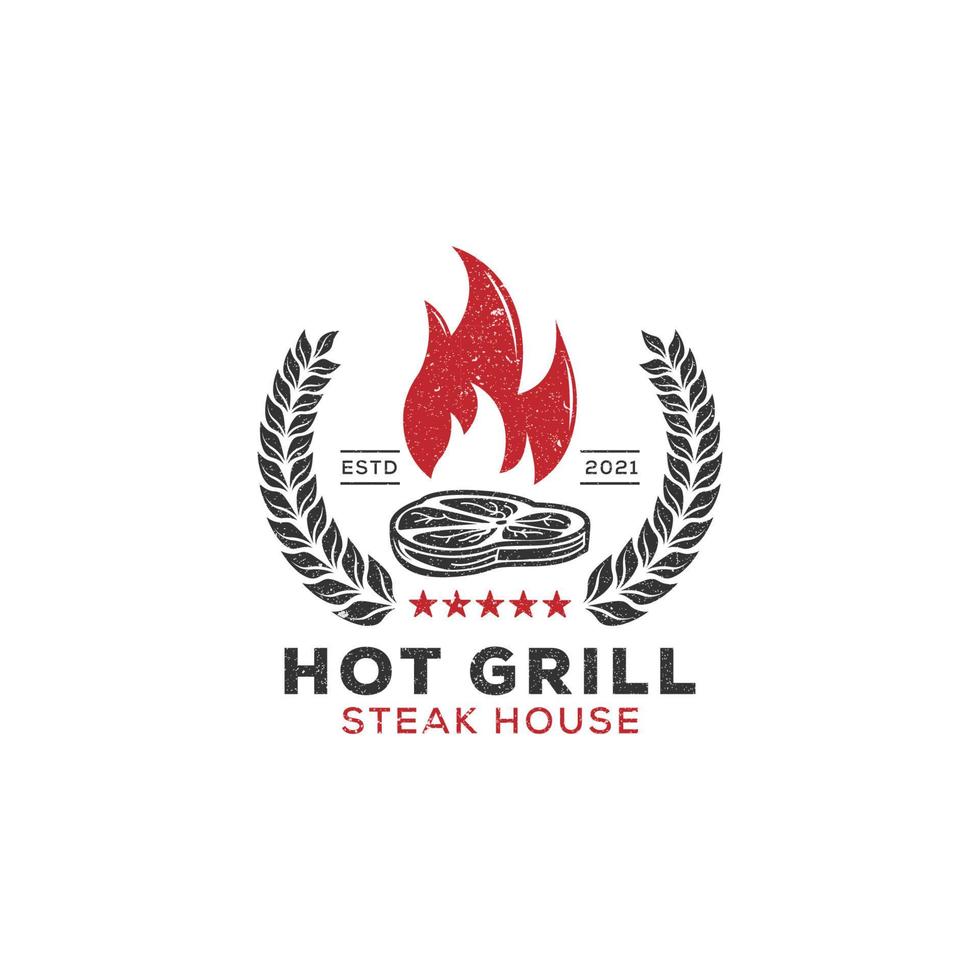 Hot grill steak house vintage logo designs, meat grill restaurant rustic vector illustration