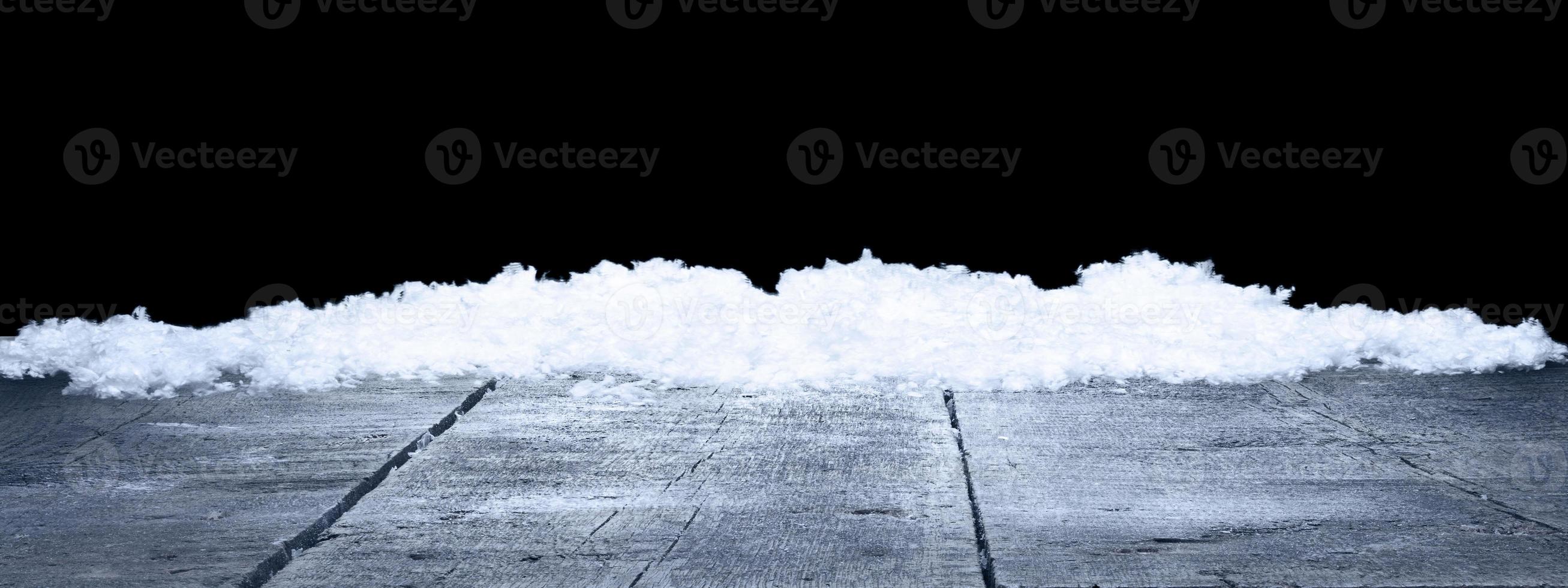 Winter Christmas scenic background with wooden table and copy space. photo