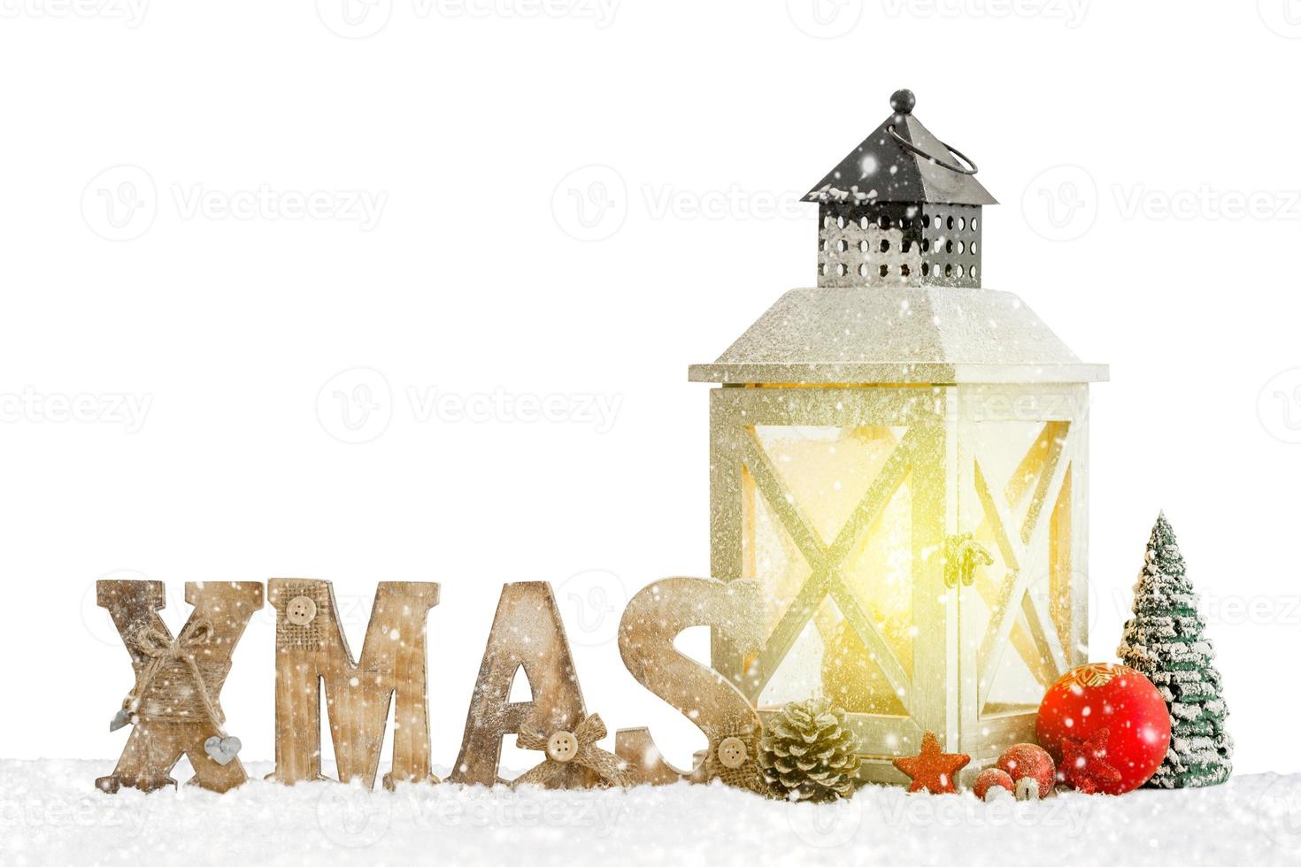 Winter background of snowed lantern and Christmas decoration. photo