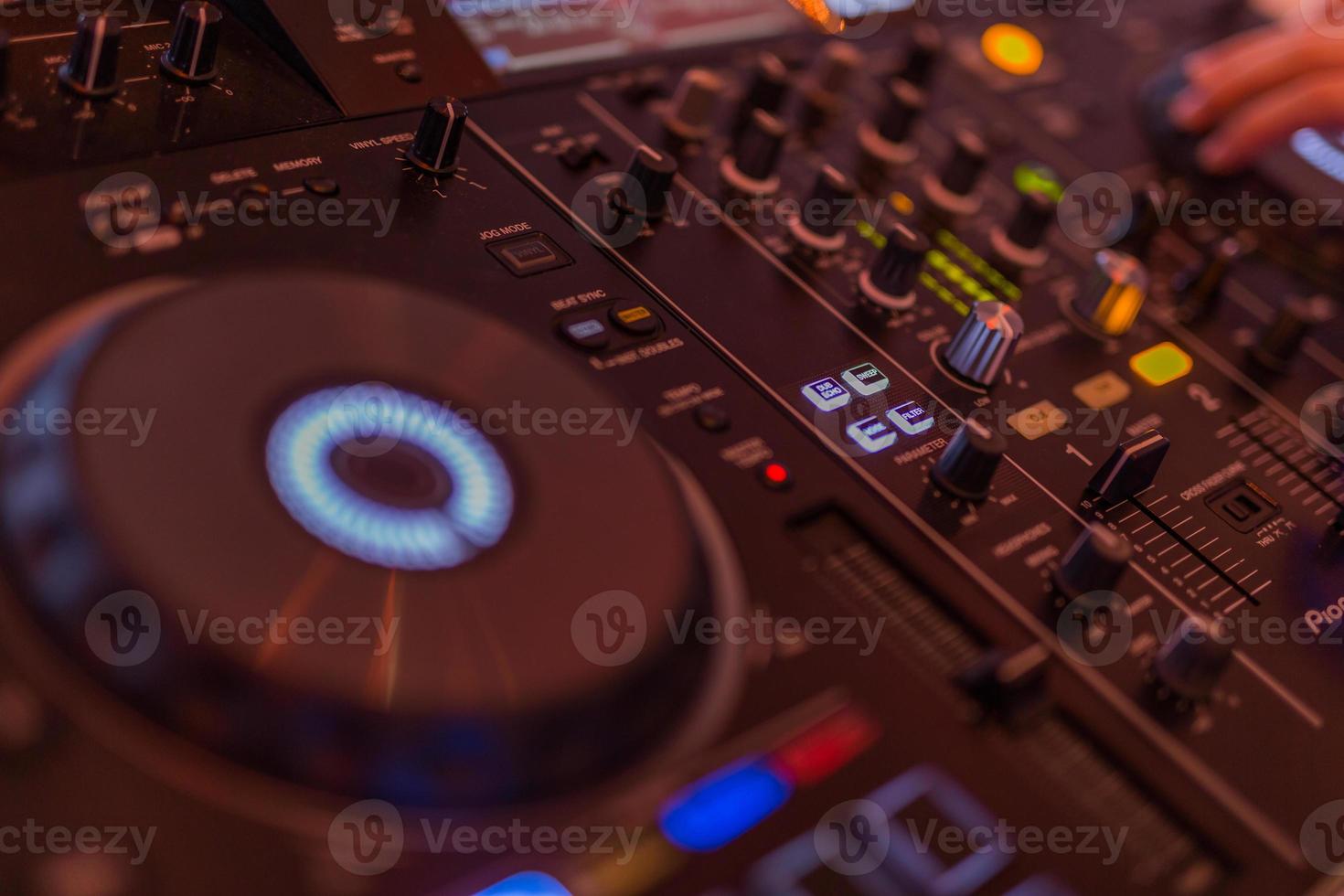 Closeup of dj controller with selective focus. Artistic macro shot of mixer. Modern DJ photo