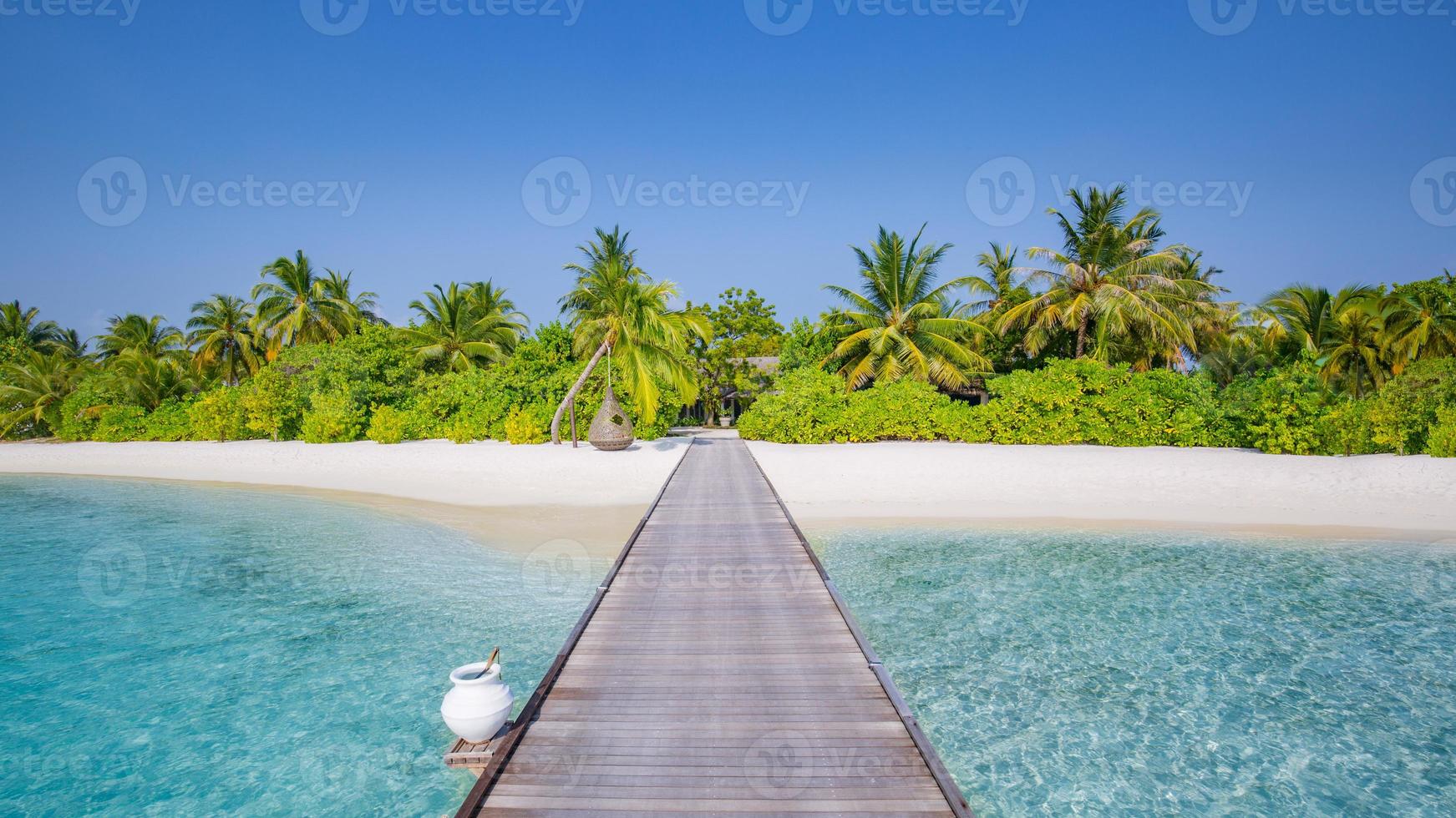 Beautiful beach with wooden jetty and green palm tree in Maldives island. Perfect tropical landscape, azure blue sea and calming mood. Exotic luxury resort and summer vacation, travel background photo