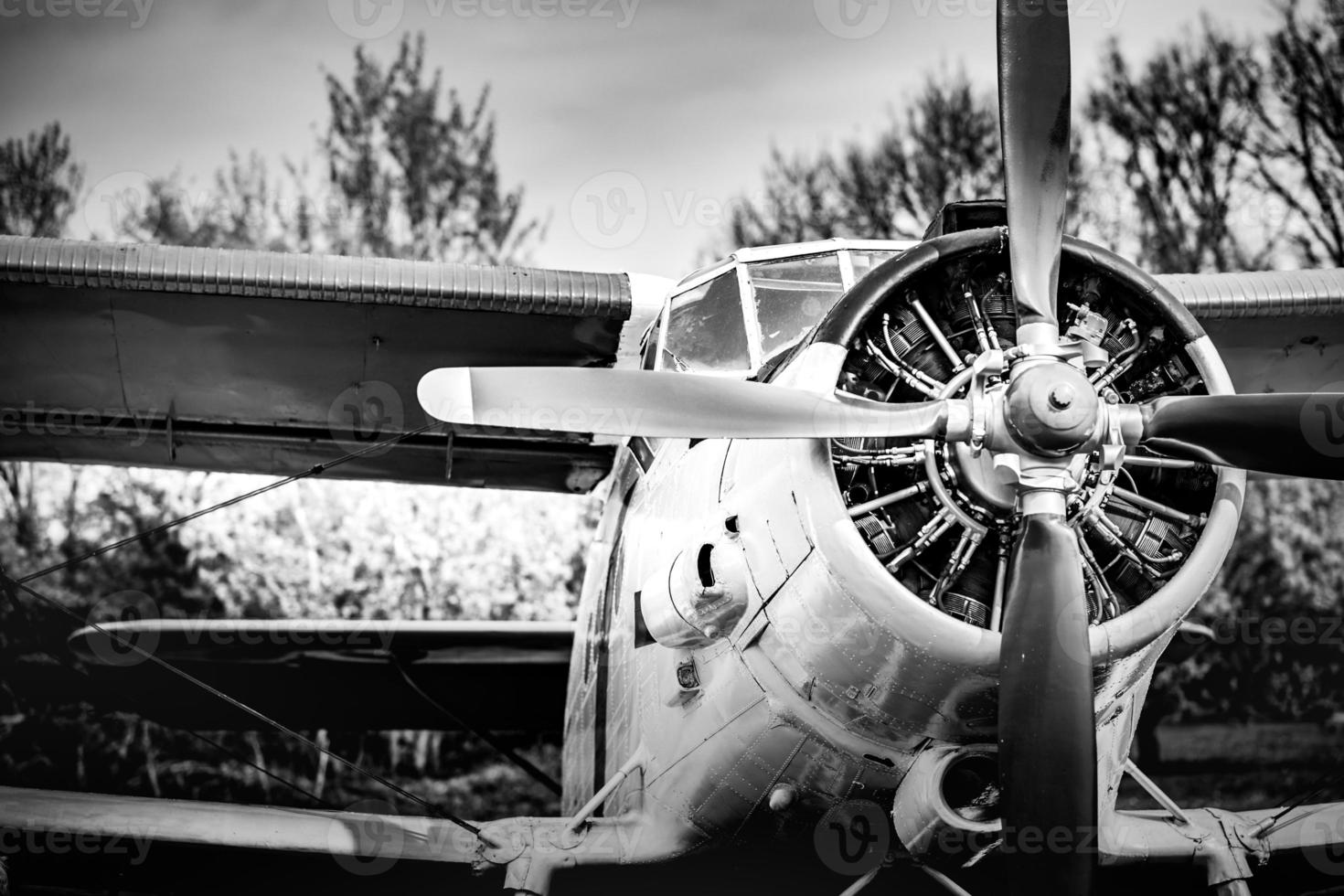 Old airplane background, rotor and engine motor closeup photo