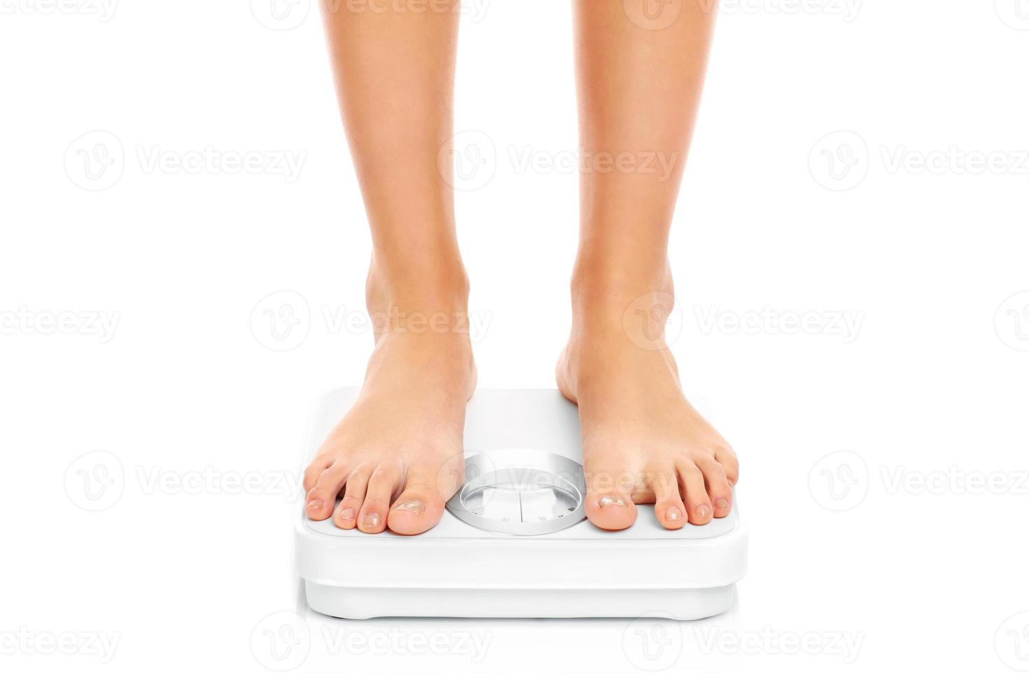 Woman feet on bathroom scales photo