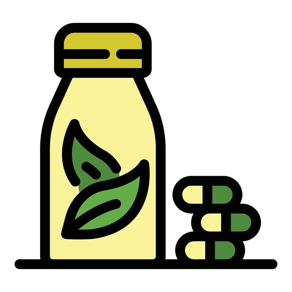 pastillas y botella con hojas icono vector de contorno de color