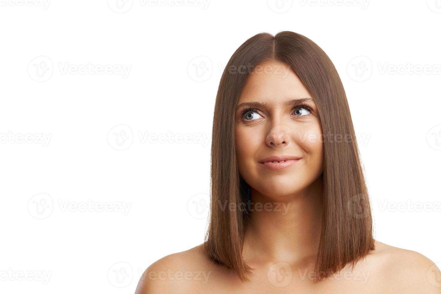 Portrait of nice young woman over white photo