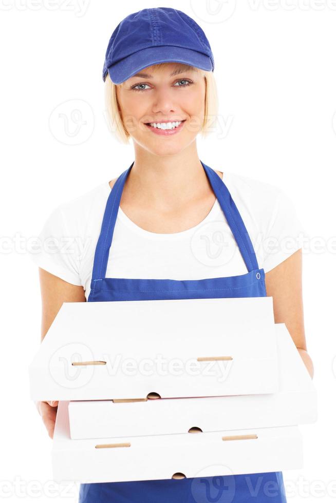 mujer y cajas de pizza foto