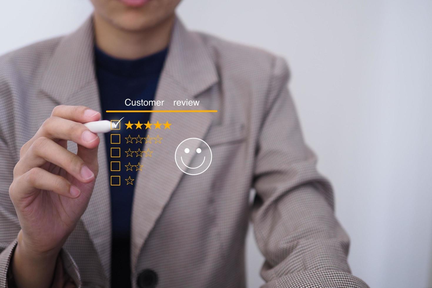 business people rate customer satisfaction survey concept customers can evaluate the quality of service leading to business rankings. photo