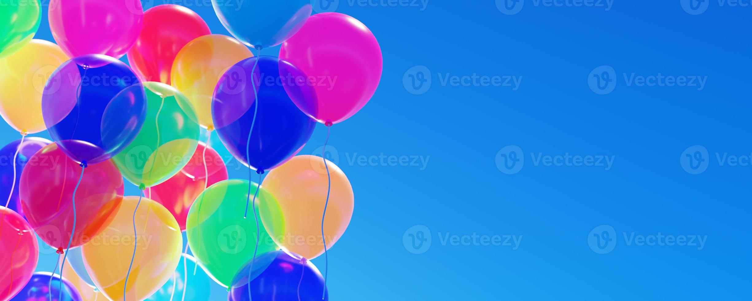 Panoramic view of multicolored balloons on a blue sky background. Concept of celebration, greeting banner, Birthday party, happiness, festival background. 3d Rendering. photo