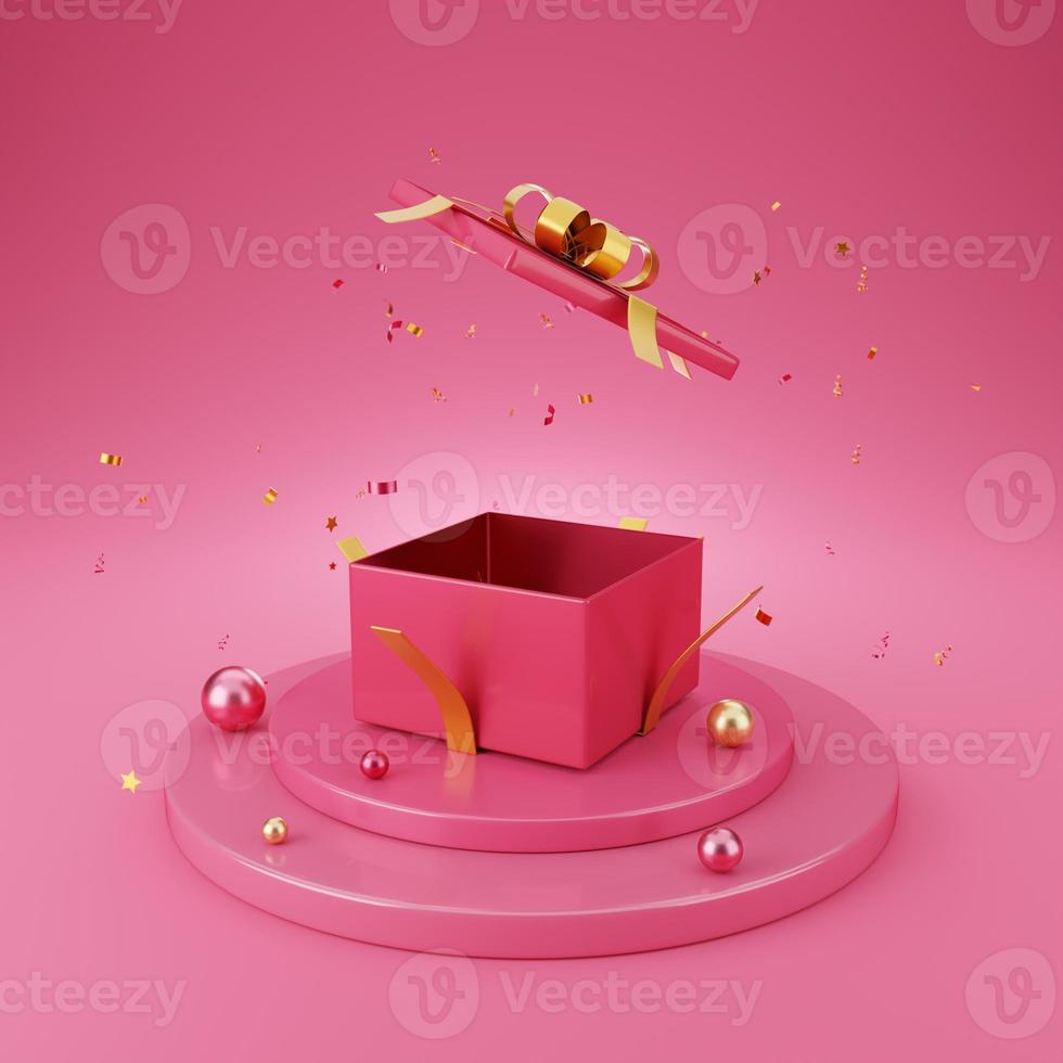 Open pink gift box and Christmas ball baubles on the stage podium with falling golden confetti on a pink background. Xmas and Happy New Year, Birthday,  Valentine's Day,  Wedding. 3D rendering. photo