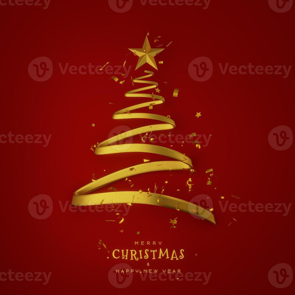 Xmas tree made of golden ribbon and glitter gold confetti with a golden star on a red background. Merry Christmas and Happy new year banner, poster and greeting cards. 3D rendering. photo