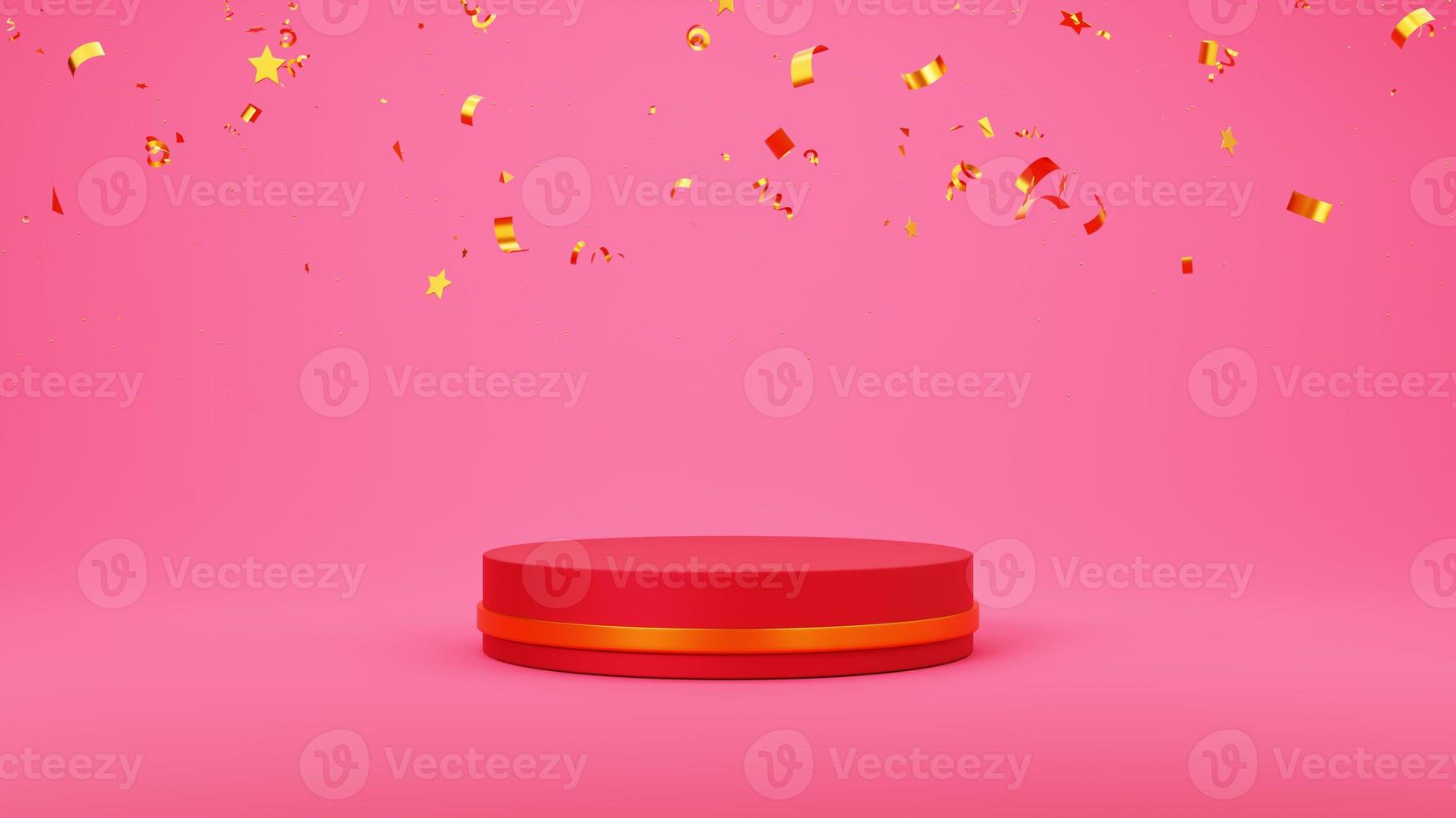 Red and golden stage podium with falling golden confetti on a red background. Christmas and Happy new year. 3d rendering. photo